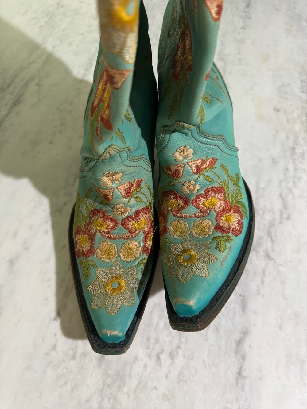 Corral Turquoise Embroidered Floral Western Cowgirl Snip Toe Leather Boots 6.5 - Picture 3 of 8